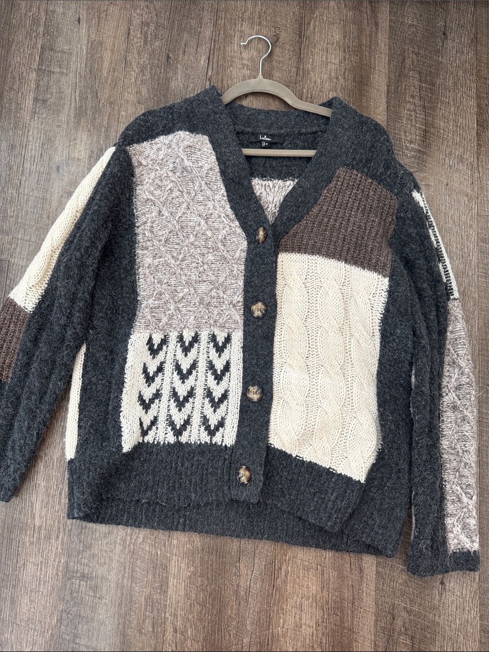 Lulu's Charcoal, Cream & Brown Patchwork Knit Cardigan